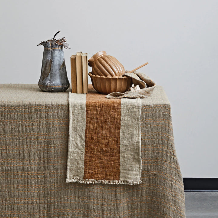 Table Runner w/ Stripe &amp; Fringe, Natural + Brown, 72" x 14"