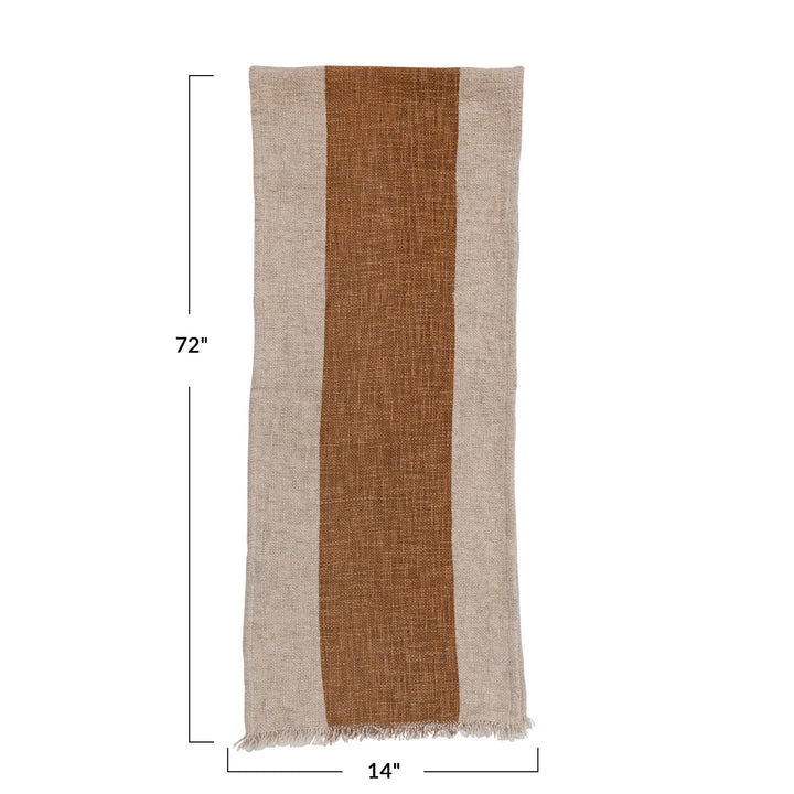 Table Runner w/ Stripe &amp; Fringe, Natural + Brown, 72" x 14"