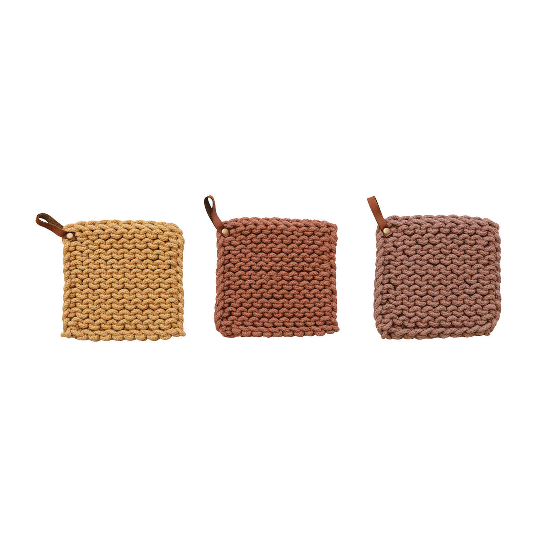 Cotton Crocheted Pot Holder + Leather Loop, 8"