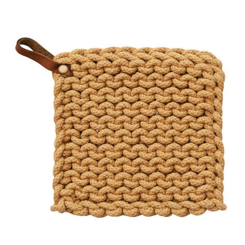 Cotton Crocheted Pot Holder + Leather Loop, 8"
