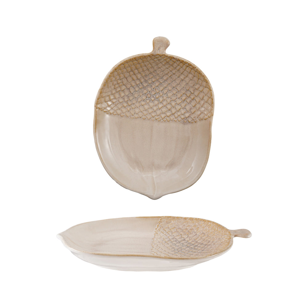 Cream stoneware acorn-shaped platter with textured basketweave cap and reactive glaze finish