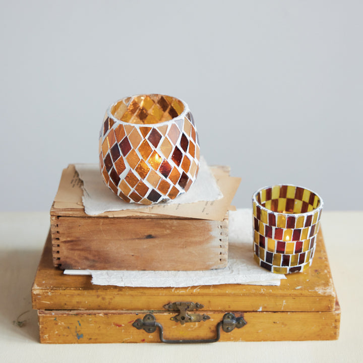 Amber &amp; Brown Mosaic Glass Tealight Holders