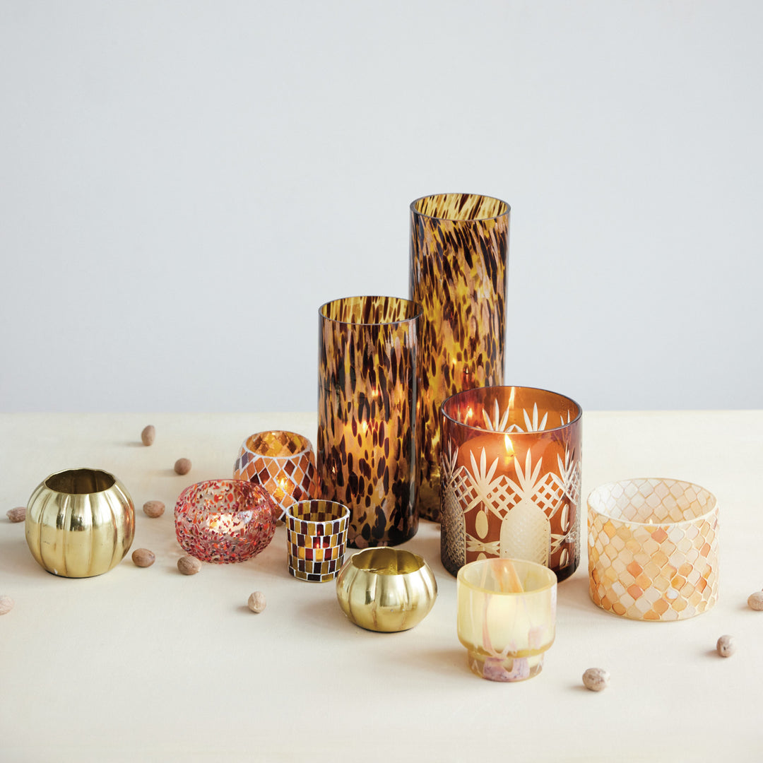 Amber &amp; Brown Mosaic Glass Tealight Holders