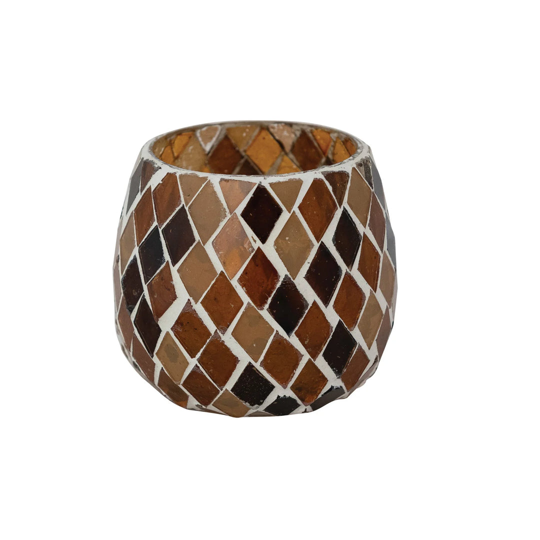 Amber &amp; Brown Mosaic Glass Tealight Holders