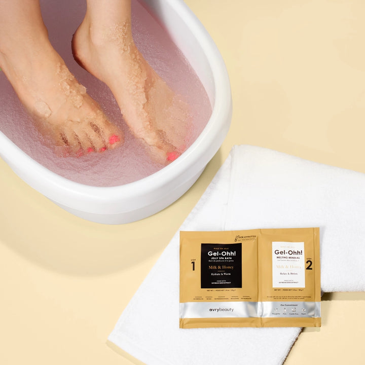 Feet in a foot bath with Gel-Oh! packets on a beige background