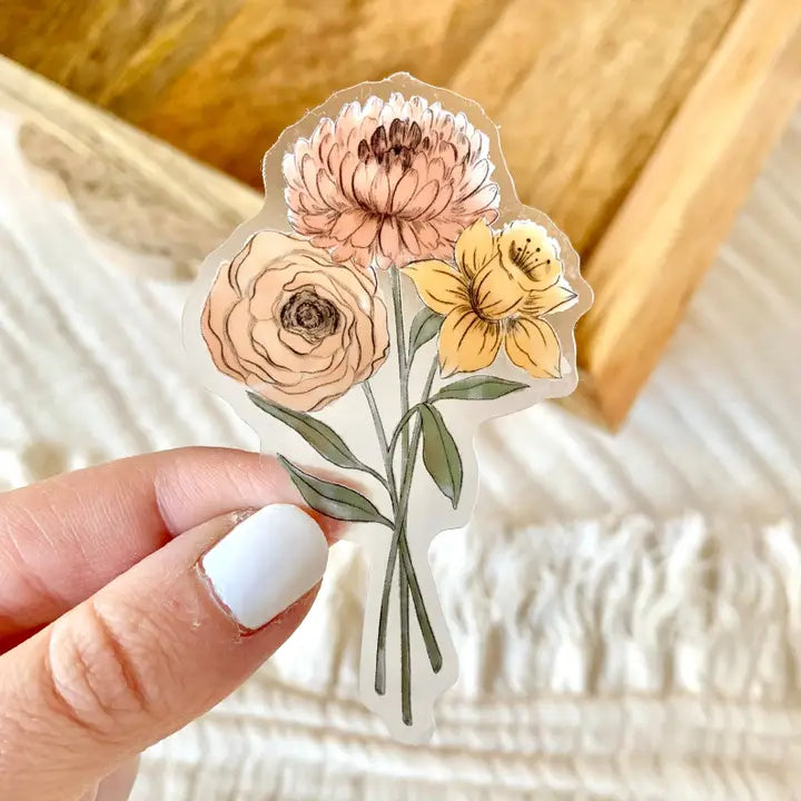Clear Daffodil &amp; Chrysanthemum Sticker, 3x2