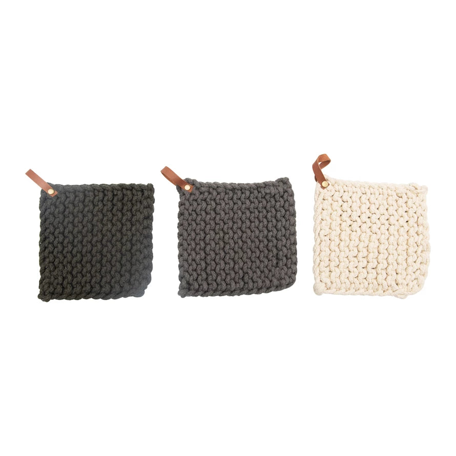 Cotton Crocheted Pot Holder + Leather Loop, 8"