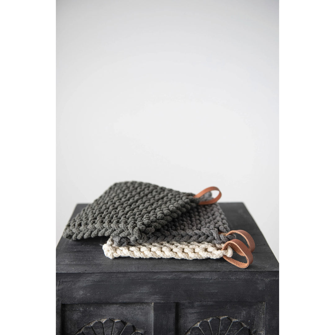 Cotton Crocheted Pot Holder + Leather Loop, 8"
