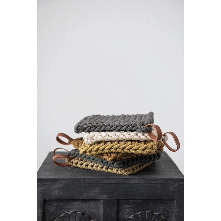 Cotton Crocheted Pot Holder + Leather Loop, 8"