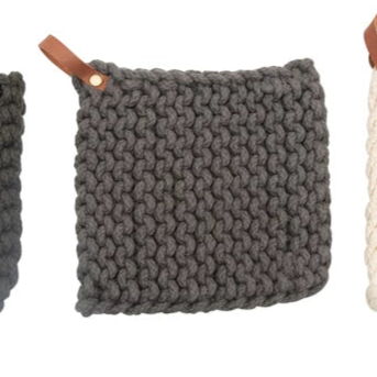 Cotton Crocheted Pot Holder + Leather Loop, 8"