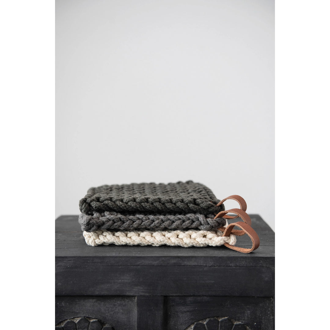 Cotton Crocheted Pot Holder + Leather Loop, 8"