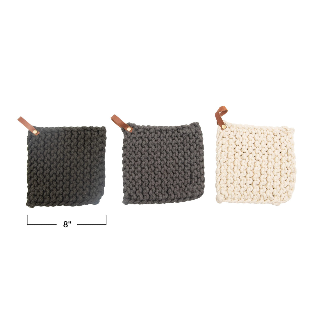 Cotton Crocheted Pot Holder + Leather Loop, 8"