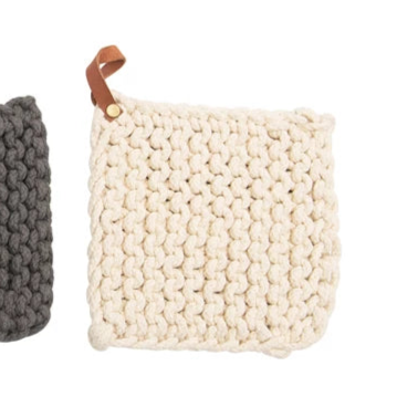 Cotton Crocheted Pot Holder + Leather Loop, 8"
