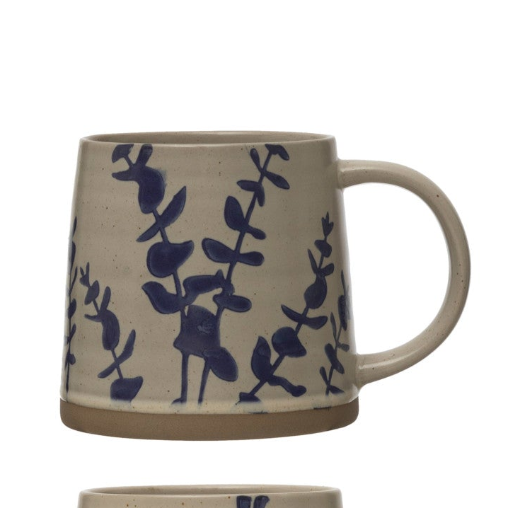 Hand-Stamped Botanical Stoneware Mug, 16 oz Antique White &amp; Blue Coffee Mug