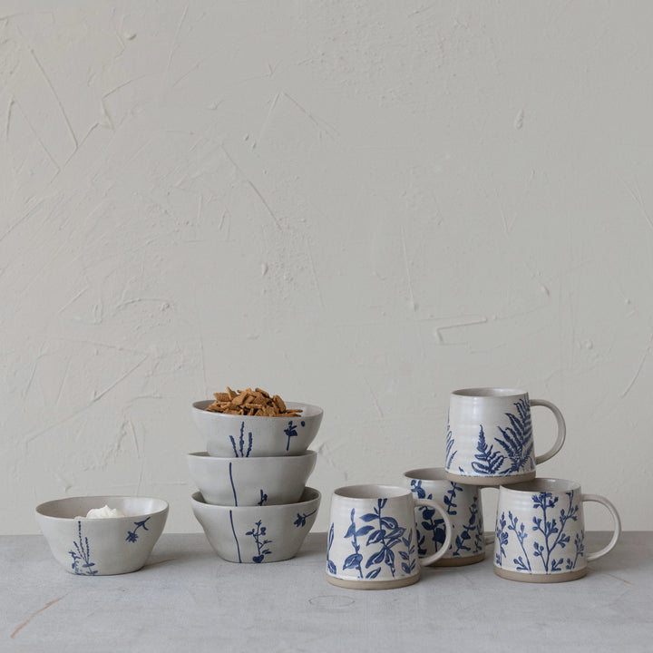 Hand-Stamped Botanical Stoneware Mug, 16 oz Antique White &amp; Blue Coffee Mug