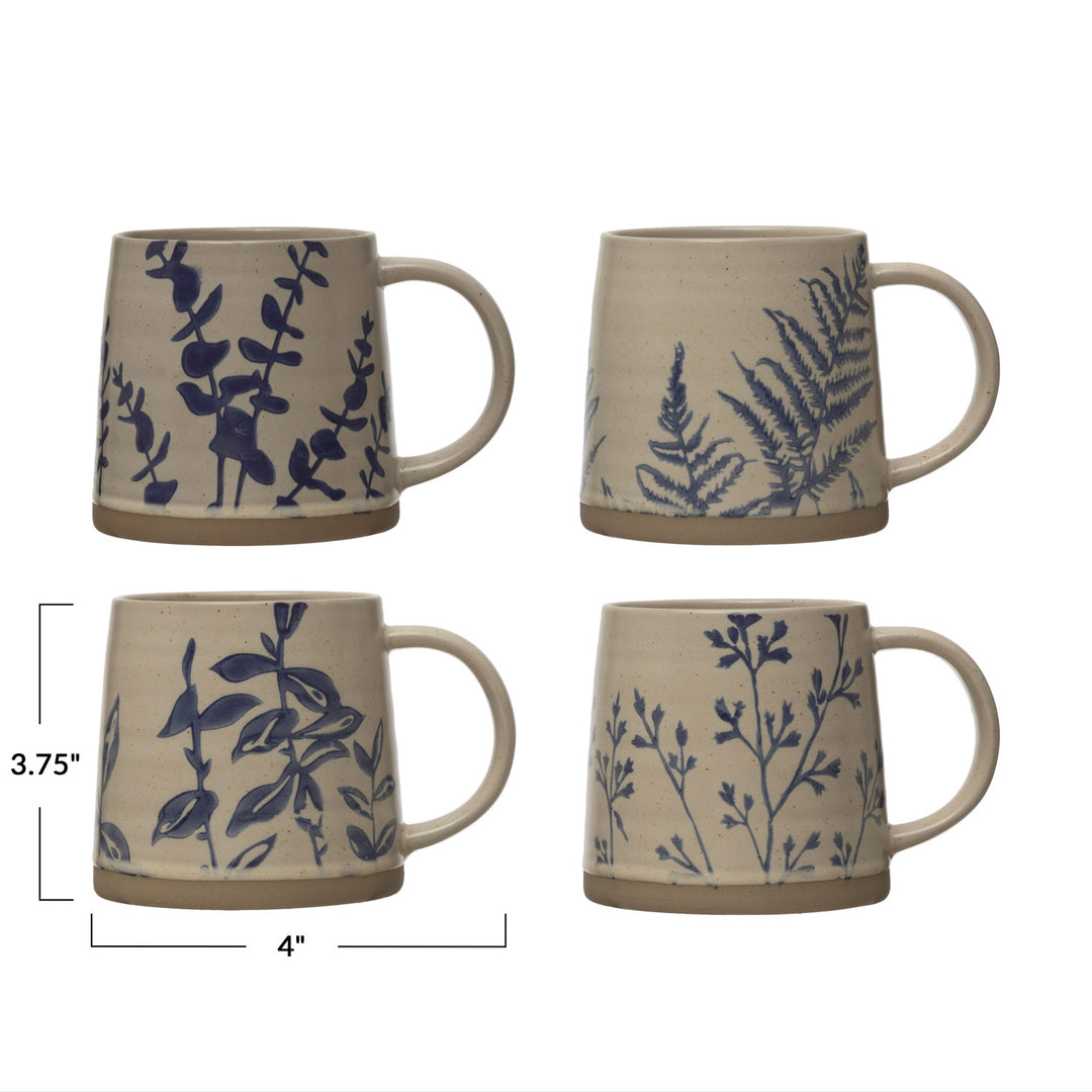 Hand-Stamped Botanical Stoneware Mug, 16 oz Antique White &amp; Blue Coffee Mug