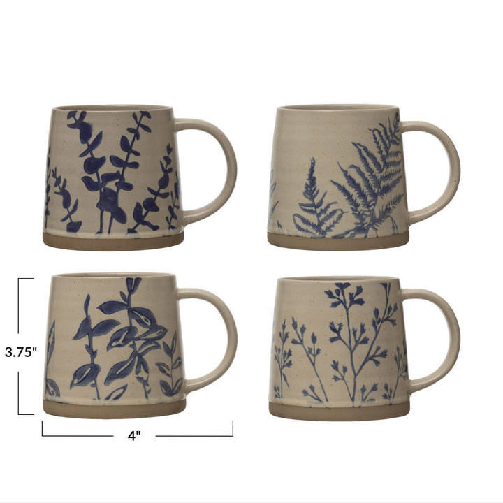 Hand-Stamped Botanical Stoneware Mug, 16 oz Antique White &amp; Blue Coffee Mug