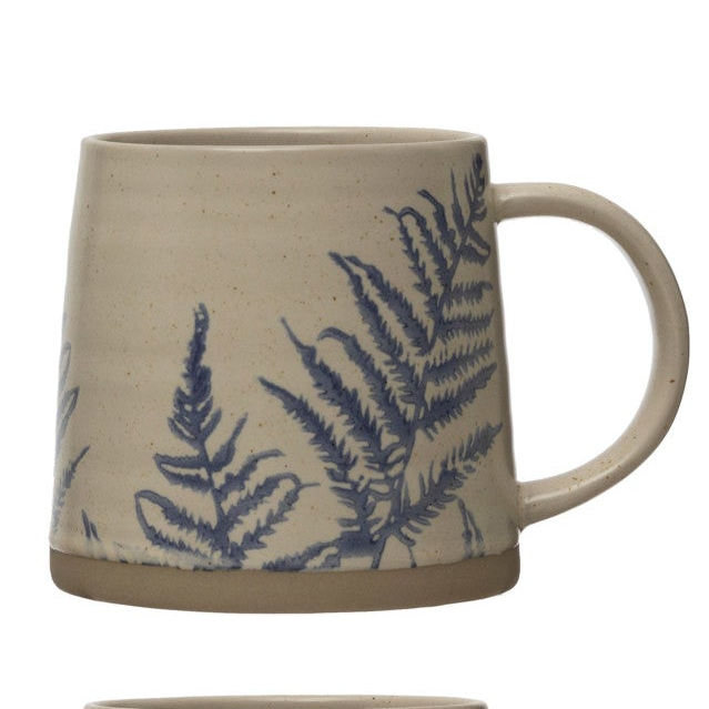 Hand-Stamped Botanical Stoneware Mug, 16 oz Antique White &amp; Blue Coffee Mug