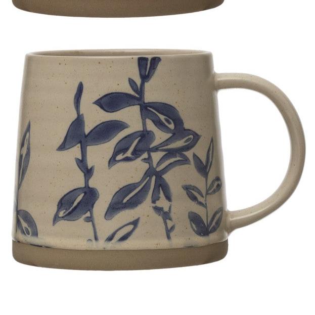 Hand-Stamped Botanical Stoneware Mug, 16 oz Antique White &amp; Blue Coffee Mug