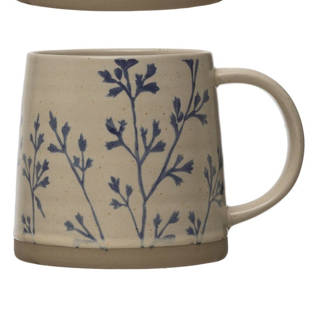 Hand-Stamped Botanical Stoneware Mug, 16 oz Antique White &amp; Blue Coffee Mug
