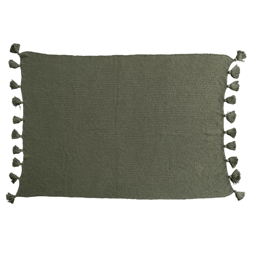 Olive Green Knit Cotton + Tassels Throw Blanket, 60" x 50"