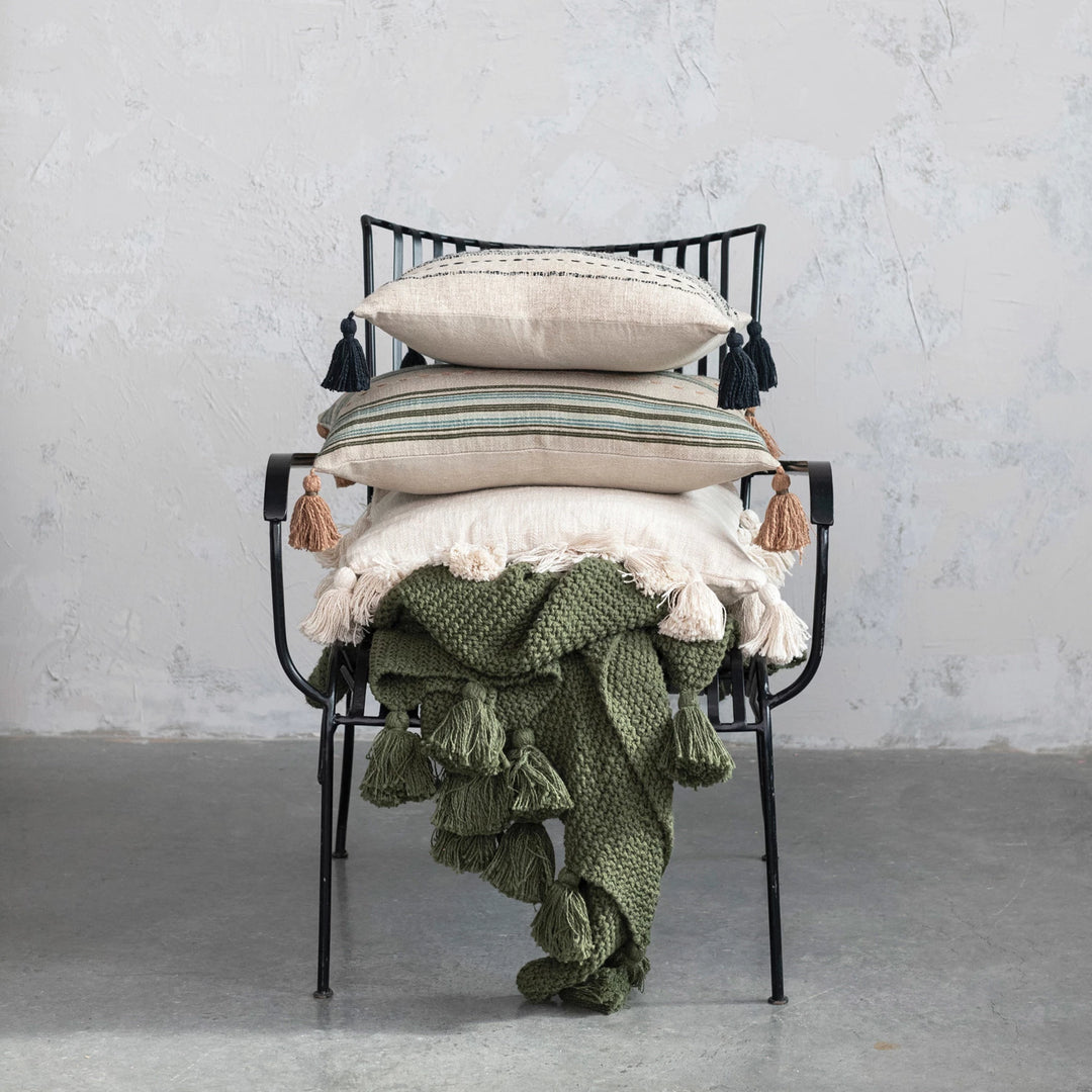 Olive Green Knit Cotton + Tassels Throw Blanket, 60" x 50"