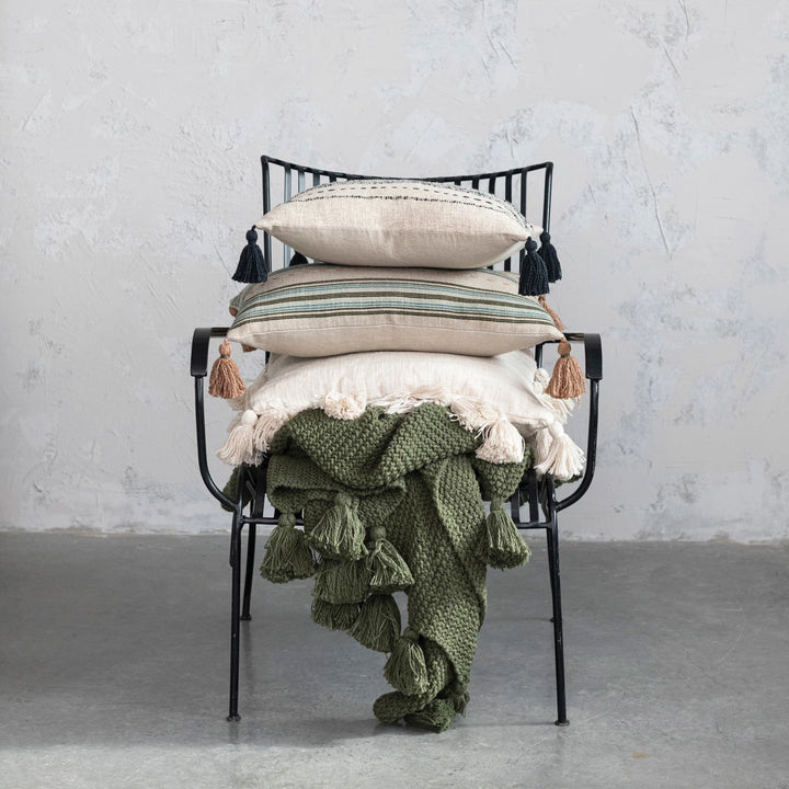 Olive Green Knit Cotton + Tassels Throw Blanket, 60" x 50"