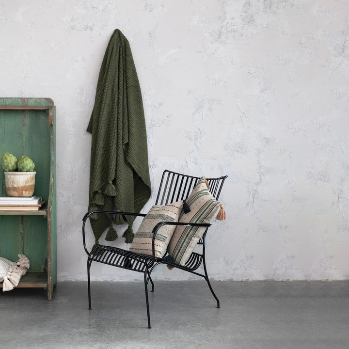 Olive Green Knit Cotton + Tassels Throw Blanket, 60" x 50"