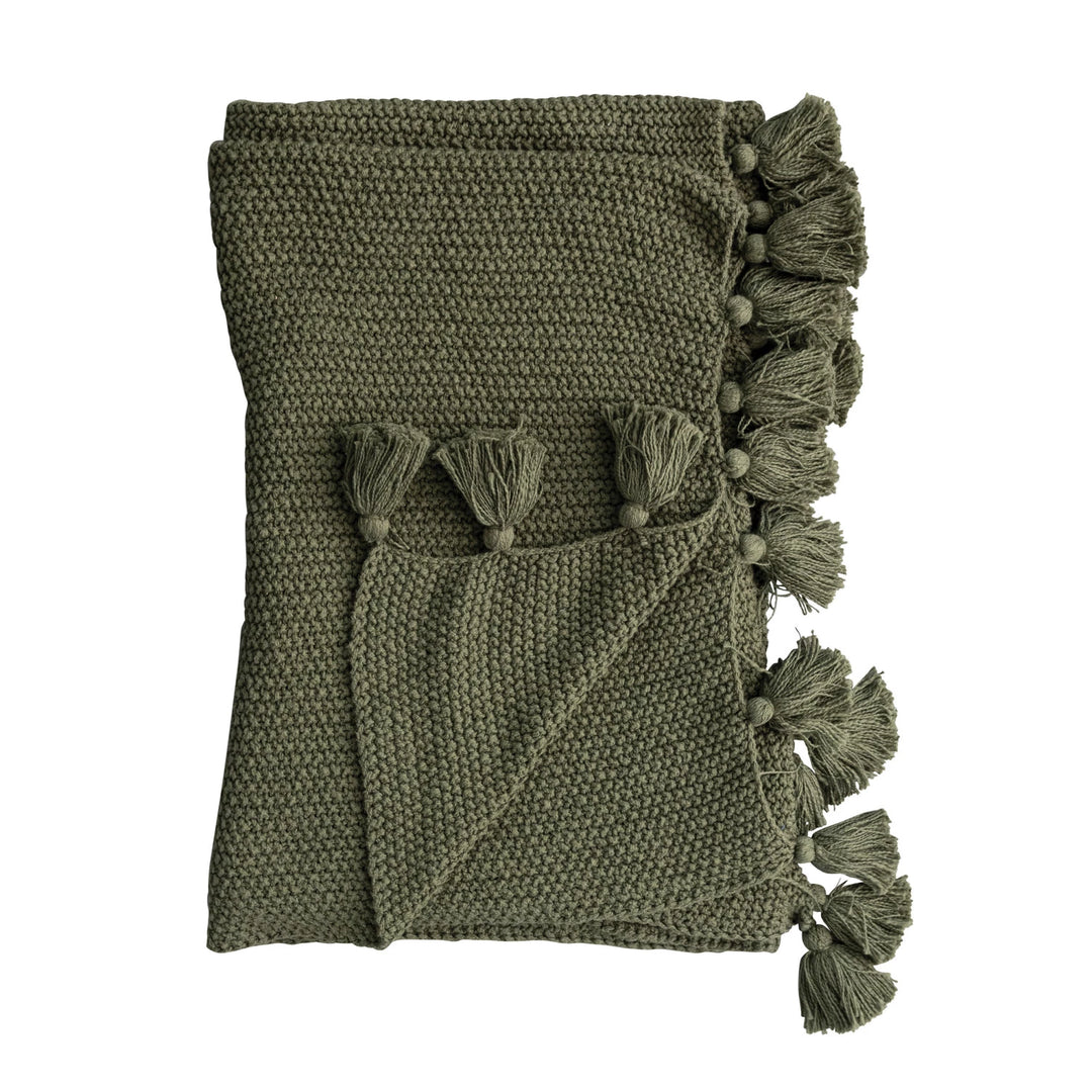 Olive Green Knit Cotton + Tassels Throw Blanket, 60" x 50"