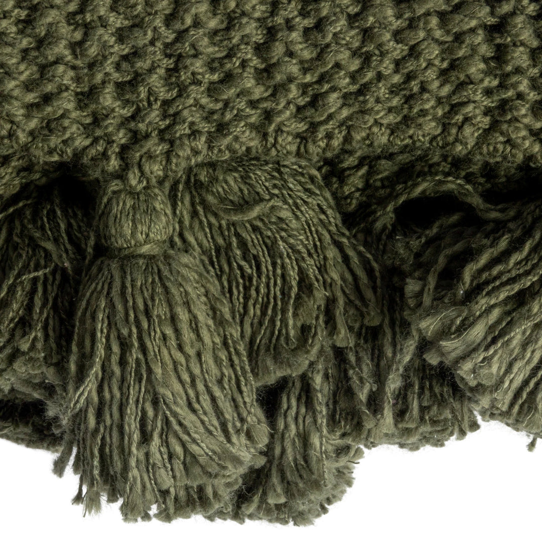 Olive Green Knit Cotton + Tassels Throw Blanket, 60" x 50"