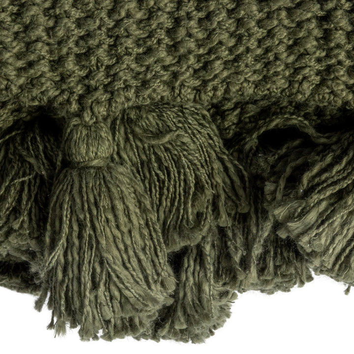 Olive Green Knit Cotton + Tassels Throw Blanket, 60" x 50"
