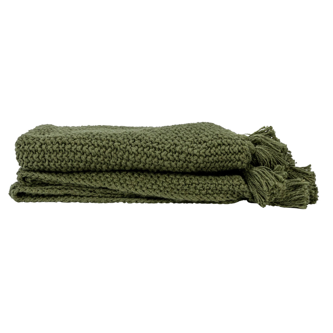 Olive Green Knit Cotton + Tassels Throw Blanket, 60" x 50"
