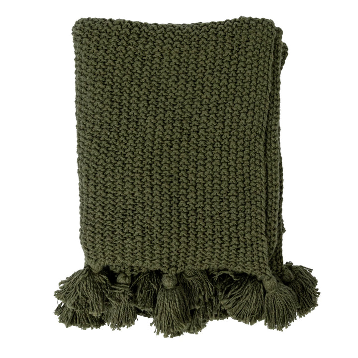 Olive Green Knit Cotton + Tassels Throw Blanket, 60" x 50"