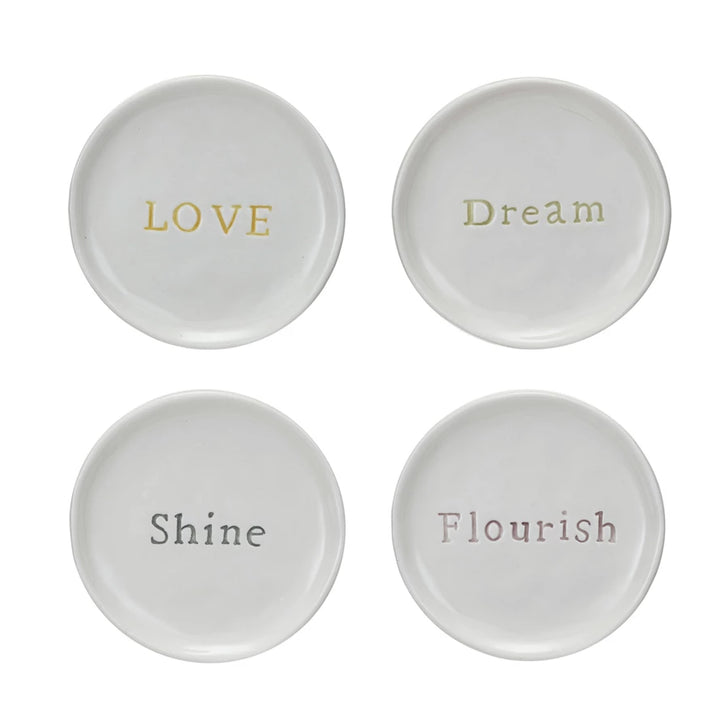 White Stoneware Dish with Words, 4"