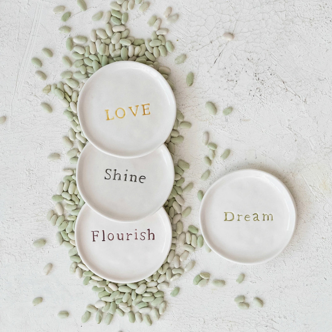 White Stoneware Dish with Words, 4"