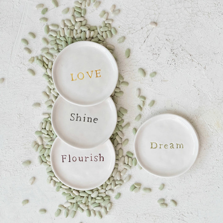 White Stoneware Dish with Words, 4"