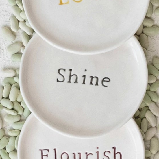 White Stoneware Dish with Words, 4"