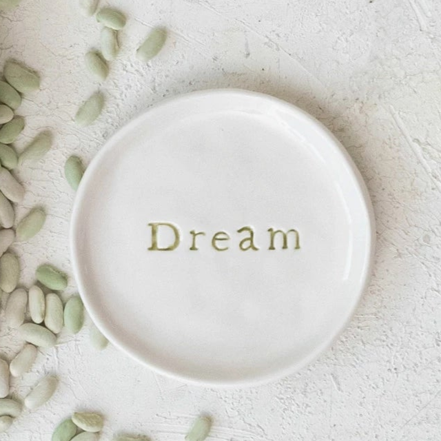 White Stoneware Dish with Words, 4"