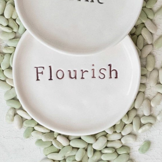 White Stoneware Dish with Words, 4"