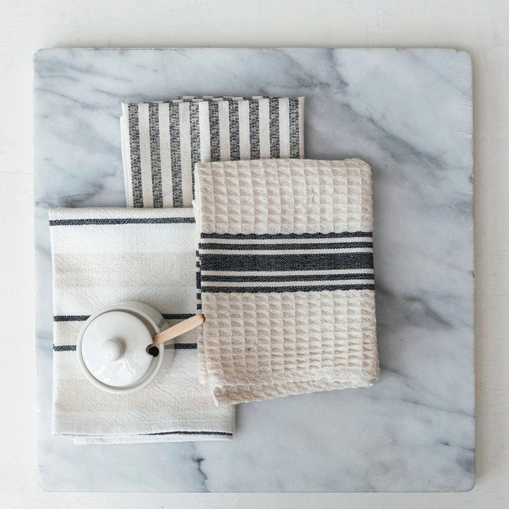 Woven Cotton Slub + Waffle Weave Printed Tea Towel with Stripes