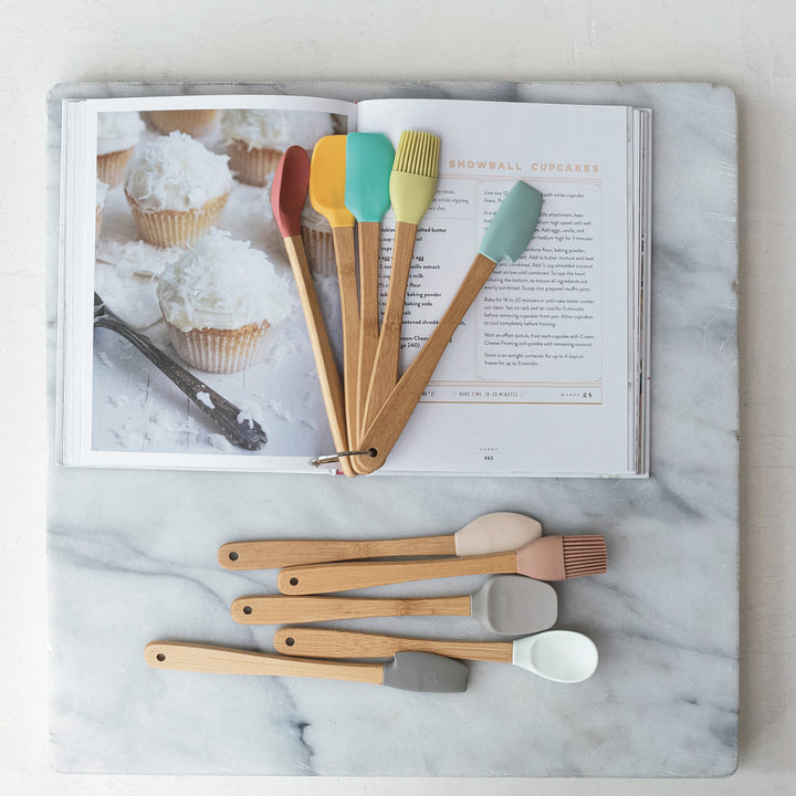 Mini Silicone &amp; Beech Wood Kitchen Utensils, Neutral Cooking Tools