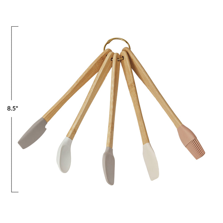 Mini Silicone &amp; Beech Wood Kitchen Utensils, Neutral Cooking Tools