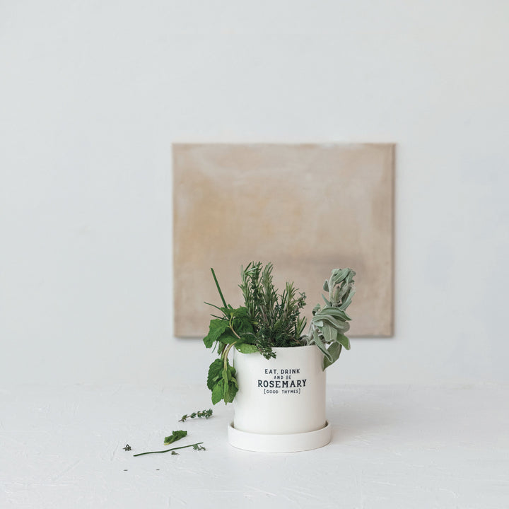 “Eat, Drink &amp; Be Rosemary” Stoneware Herb Planter with Saucer