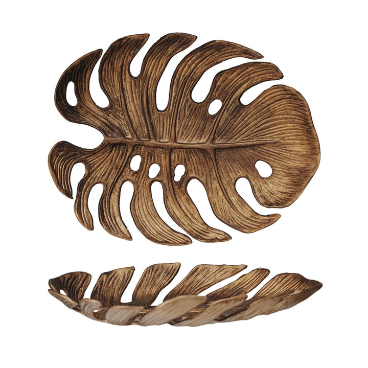Pewter Monstera Leaf Decorative Tray, Antique Gold Finish