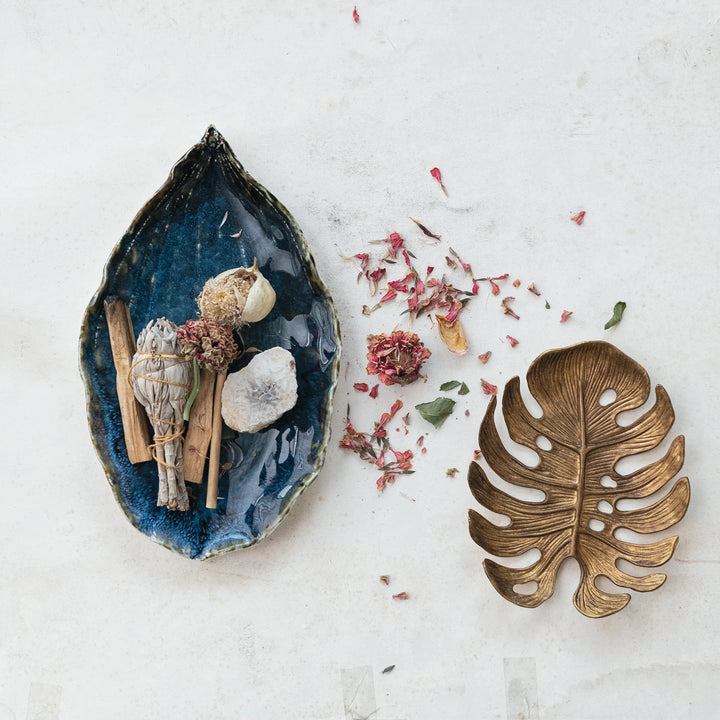 Pewter Monstera Leaf Decorative Tray, Antique Gold Finish