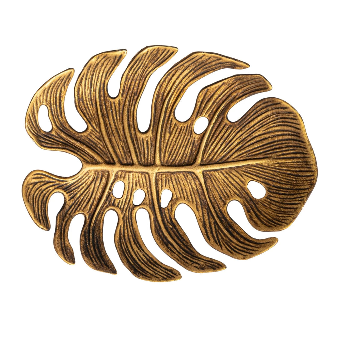Pewter Monstera Leaf Decorative Tray, Antique Gold Finish