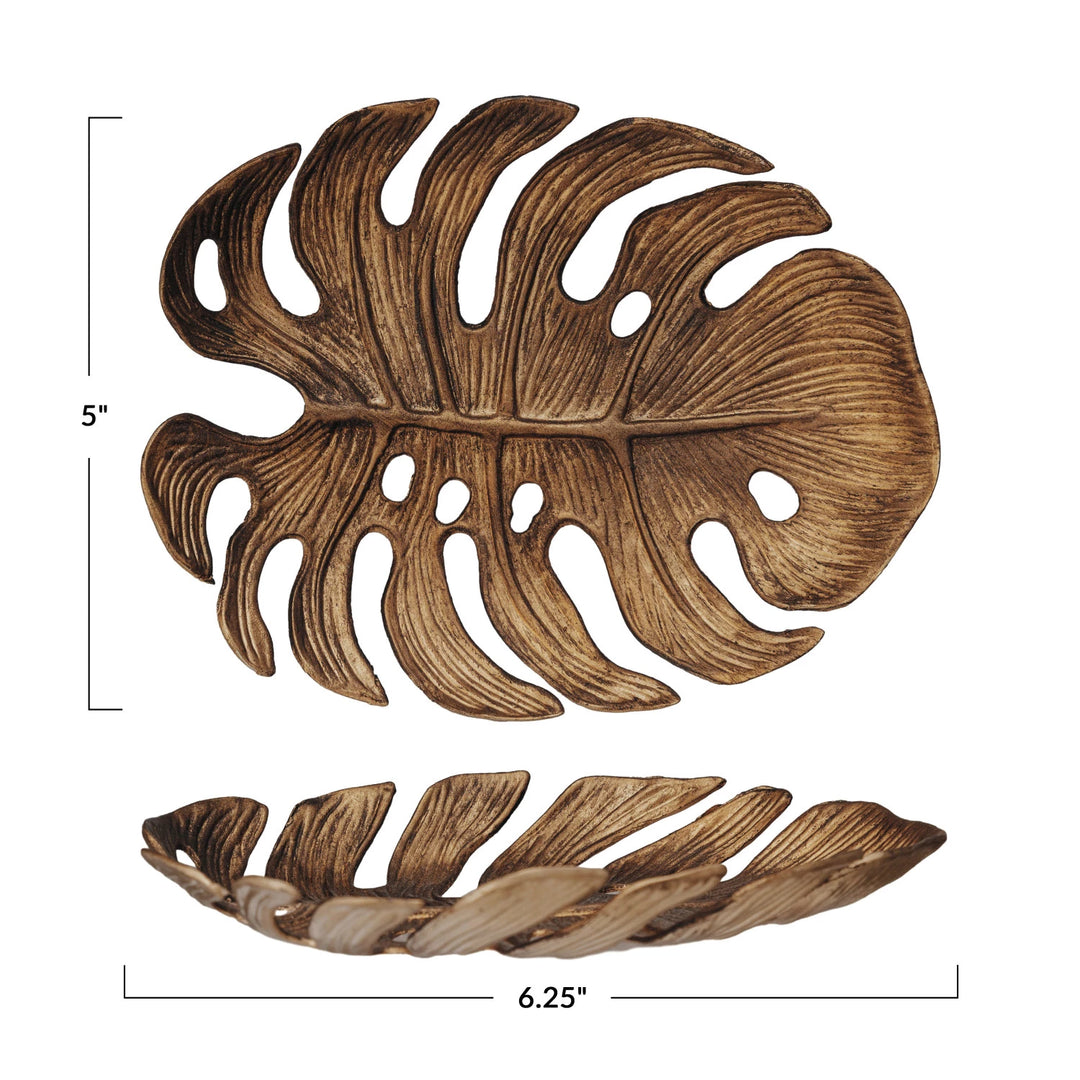 Pewter Monstera Leaf Decorative Tray, Antique Gold Finish