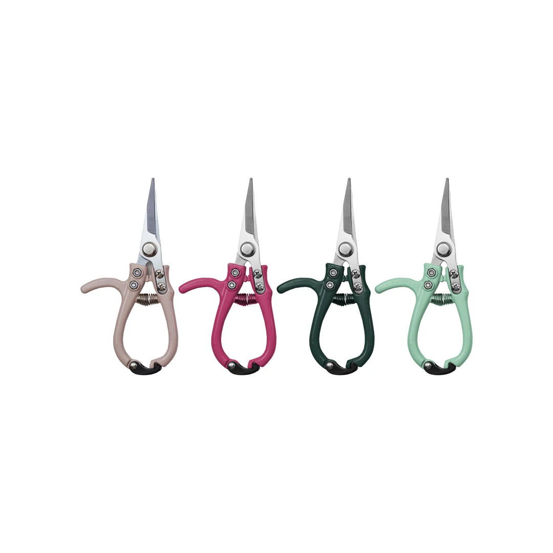 Four pairs of scissors with different colored handles on a white background