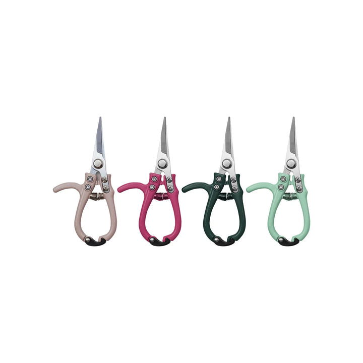 Four pairs of scissors with different colored handles on a white background