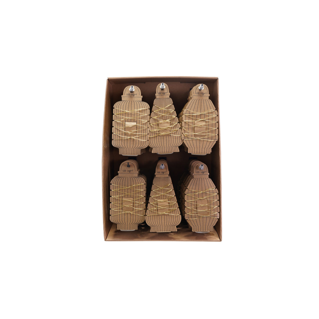 Set of six woven bottles in a cardboard box on a white background
